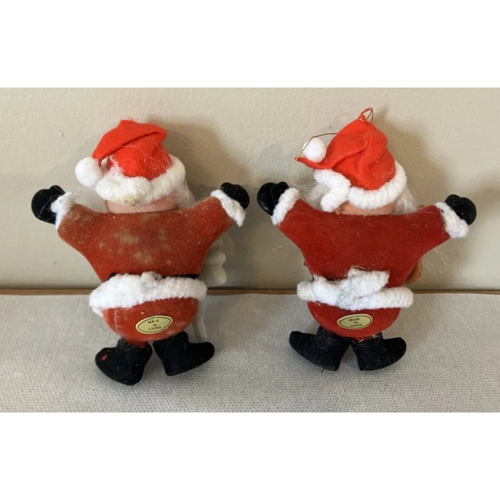Vintage Flocked Santa Claus Christmas Ornaments w/Tree & Stocking